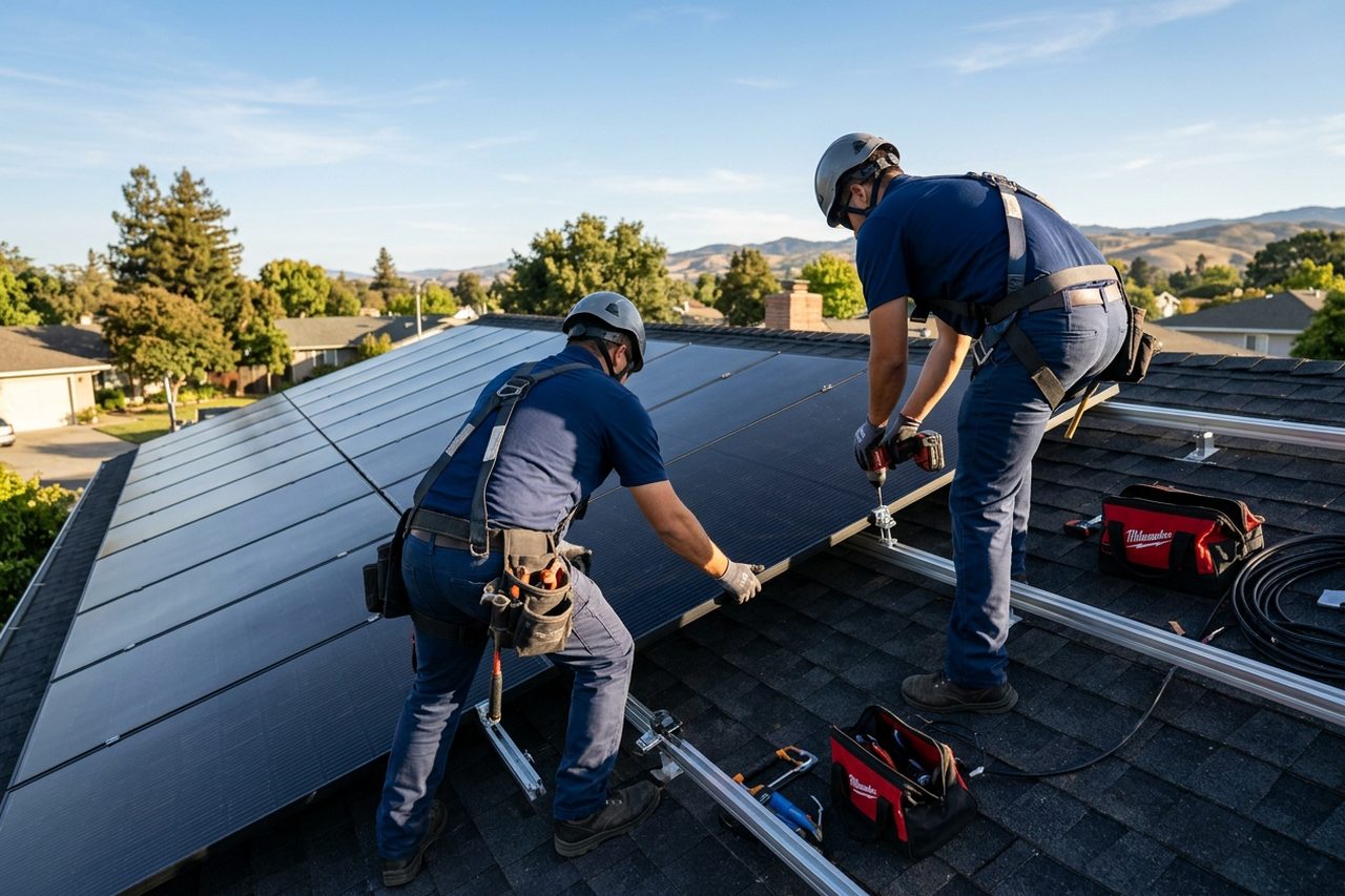 L'équipe Skywatt installe des panneaux solaires